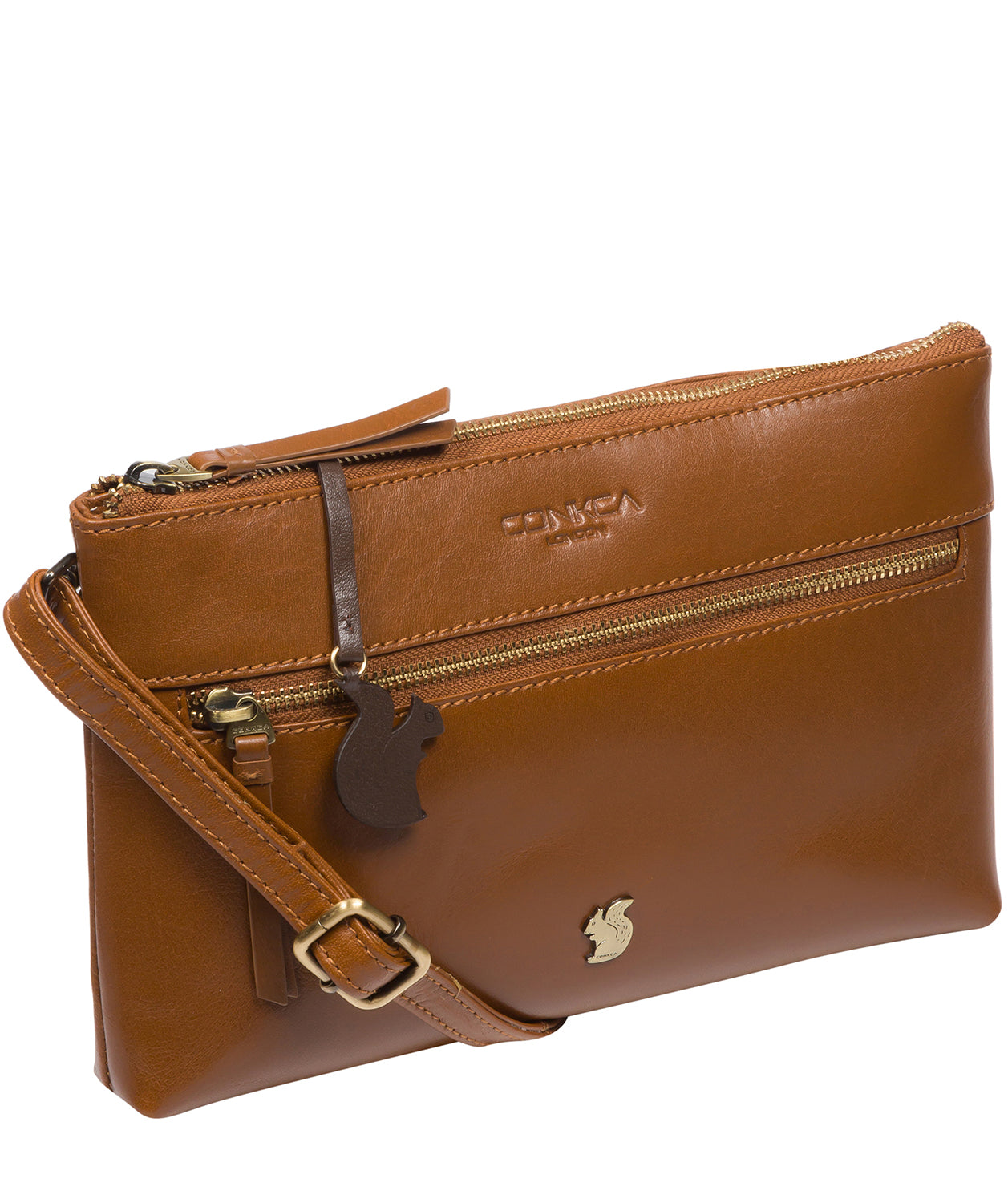 Conkca London Originals Collection Bags: 'Minnow' Dark Tan Leather Cross Body Clutch Bag