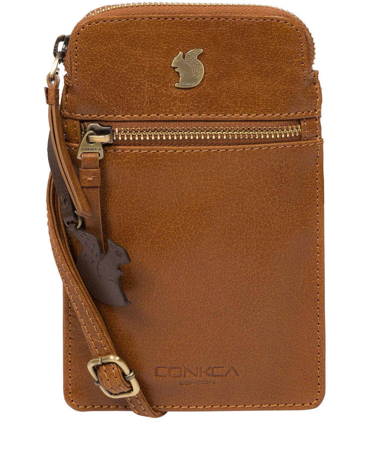 Conkca London Originals Collection Bags: 'Bambino' Dark Tan Leather Cross Body Phone Bag