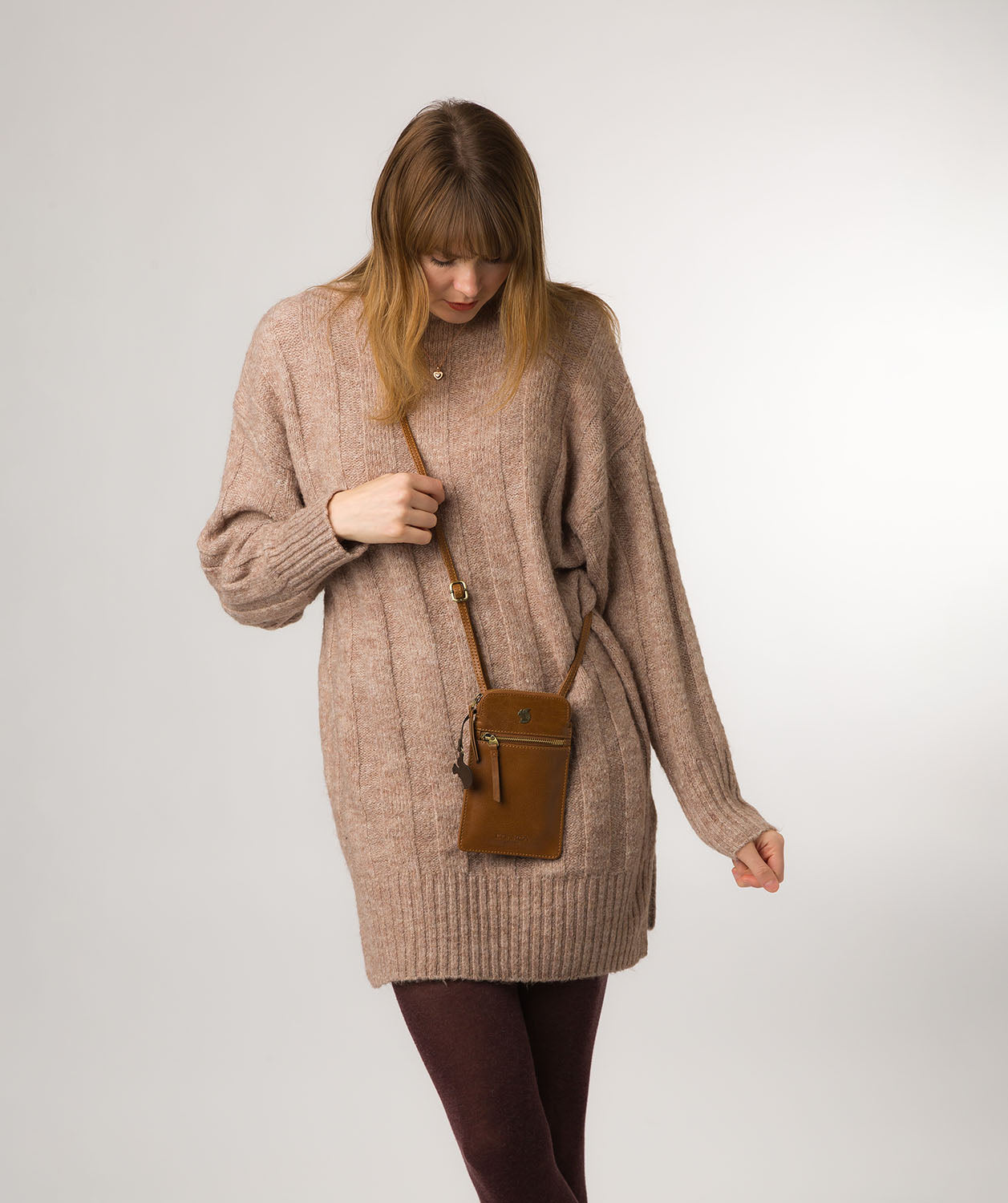 Conkca London Originals Collection Bags: 'Bambino' Dark Tan Leather Cross Body Phone Bag