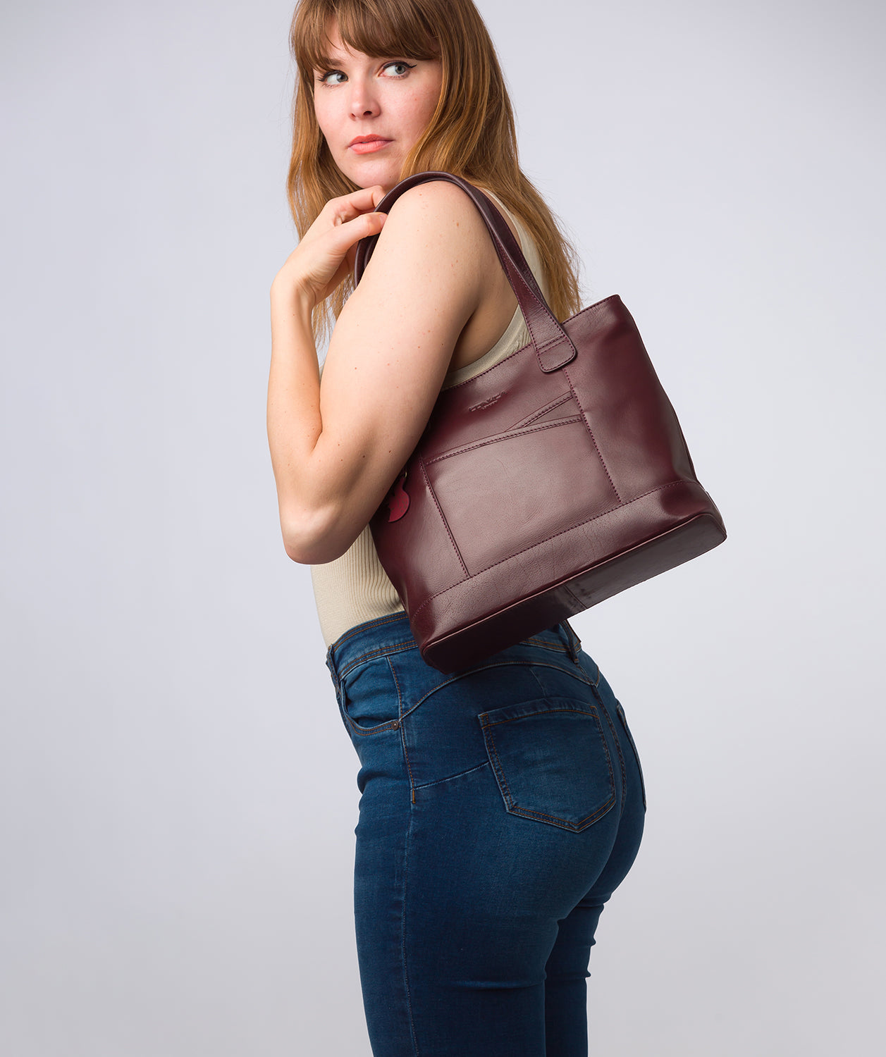 Plum leather tote bag deals