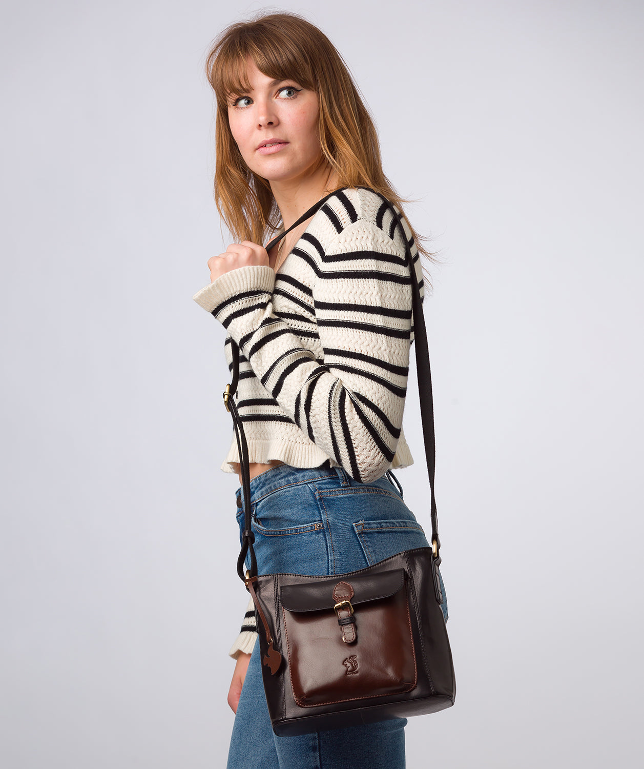 'Carla' Black & Conker Brown Leather Cross Body Bag