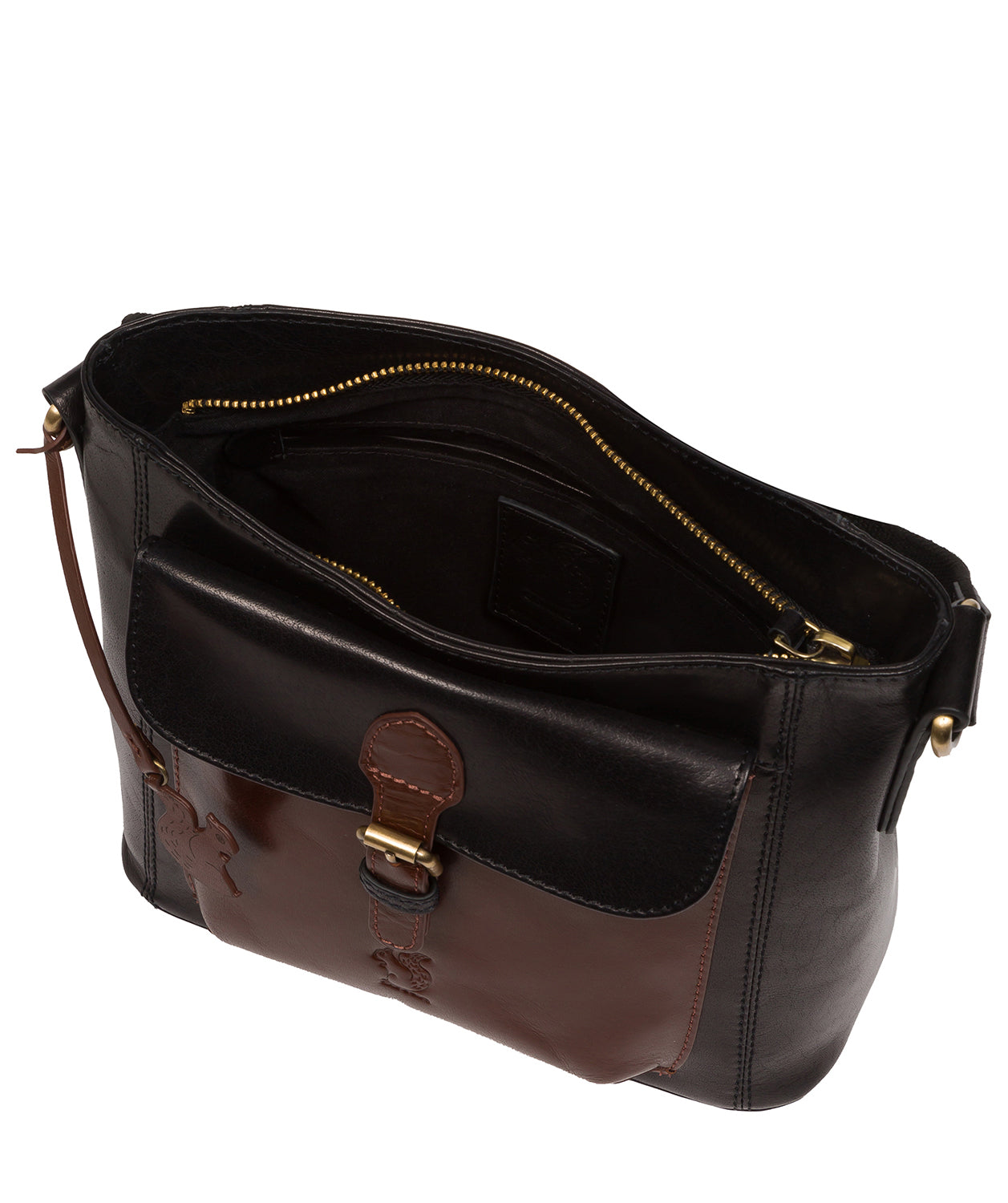 Conkca Signature Collection Bags: 'Carla' Black & Conker Brown Leather Cross Body Bag