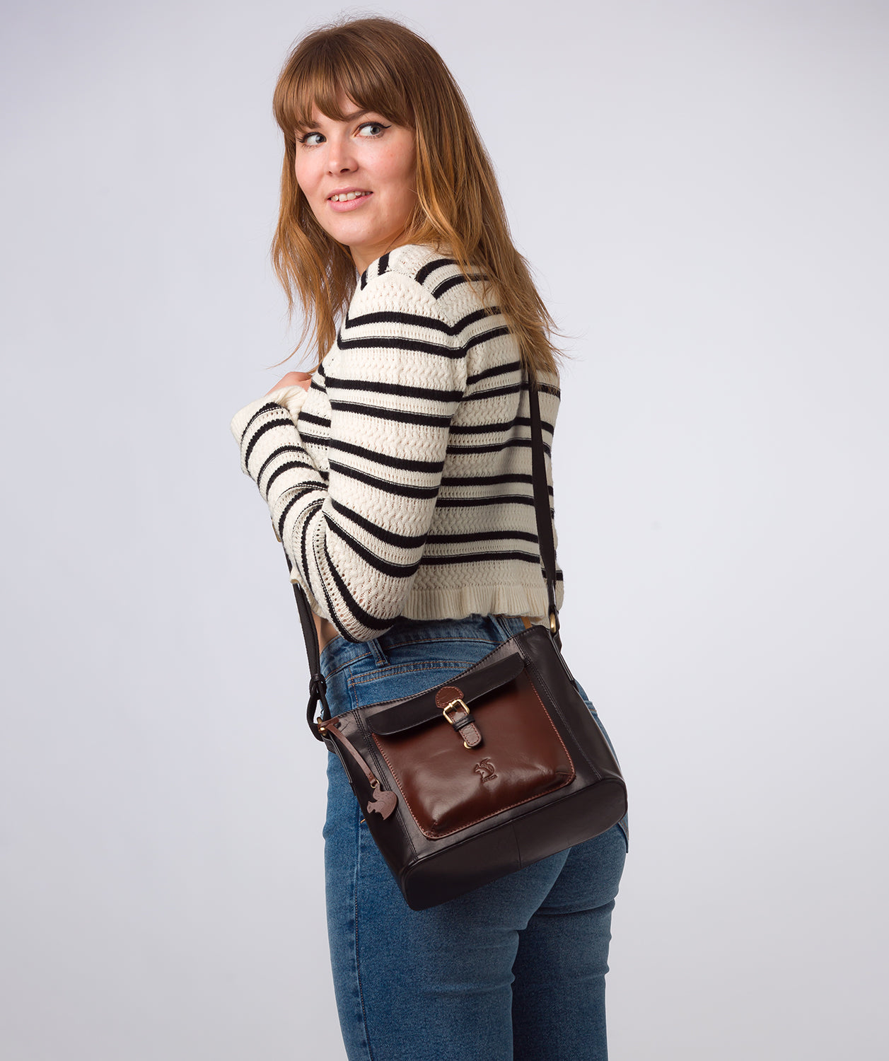 'Carla' Black & Conker Brown Leather Cross Body Bag