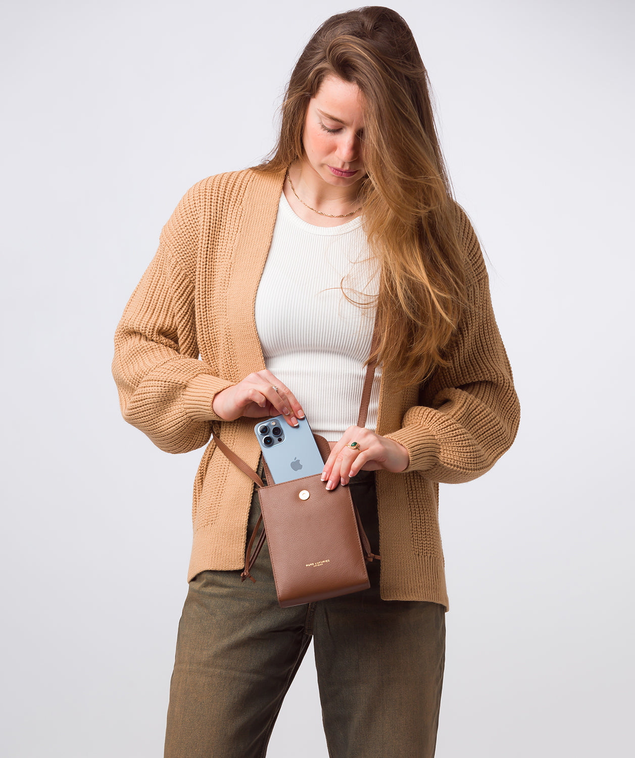 Pure Luxuries Marylebone Collection Bags: 'Kiana' Tan Nappa Leather Cross Body Phone Bag