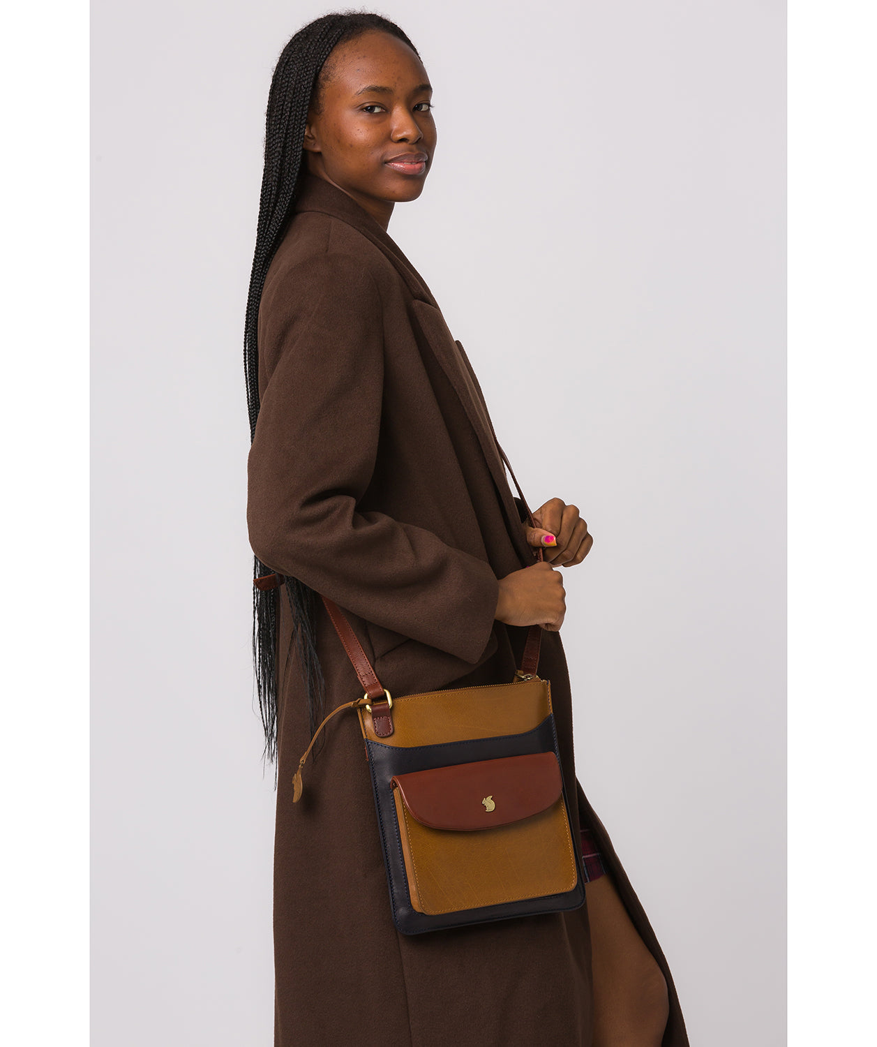 'Lauryn' Navy, Dark Tan & Conker Brown Leather Cross Body Bag