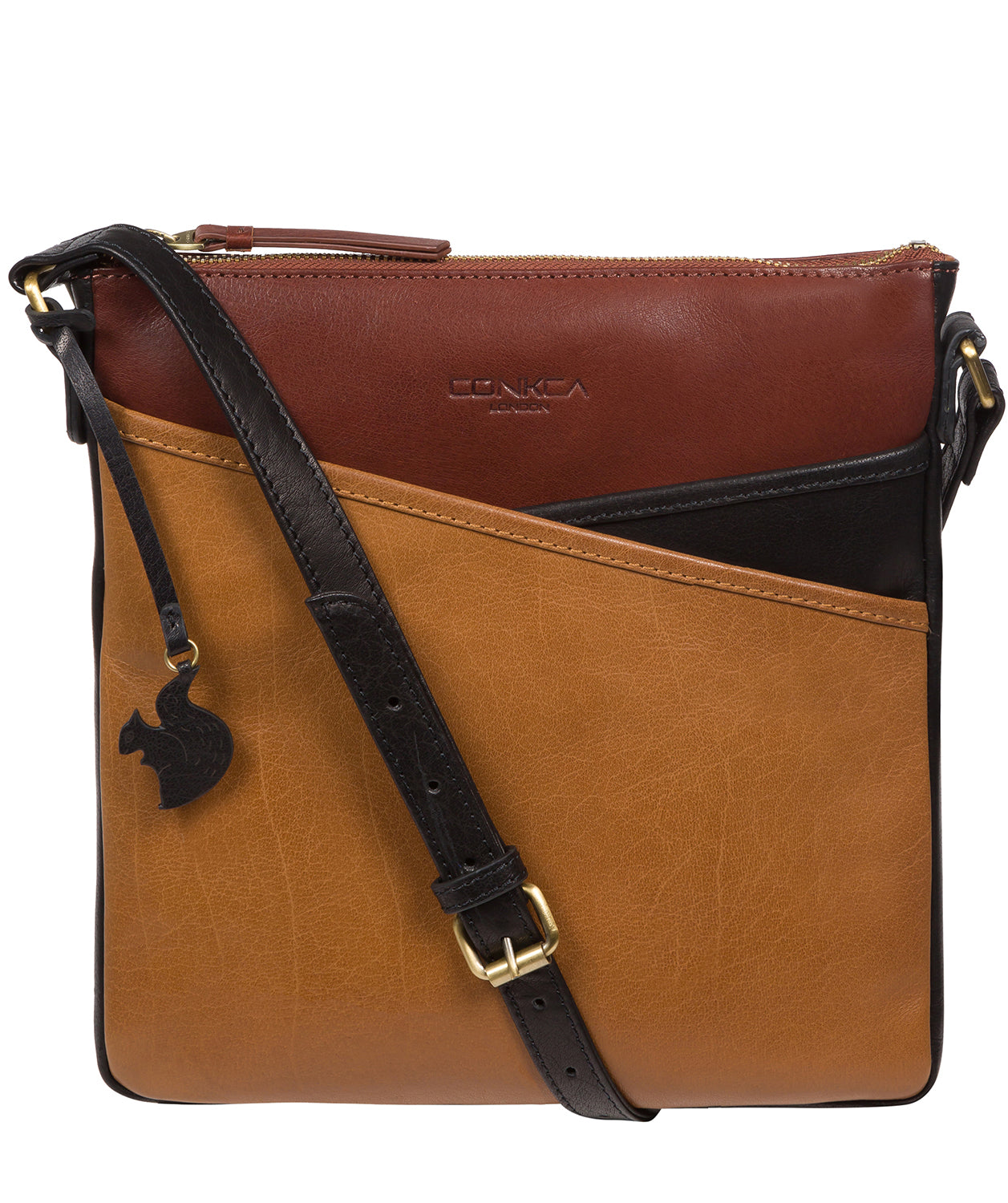 'Avril' Dark Tan, Black & Conker Brown Leather Cross Body Bag