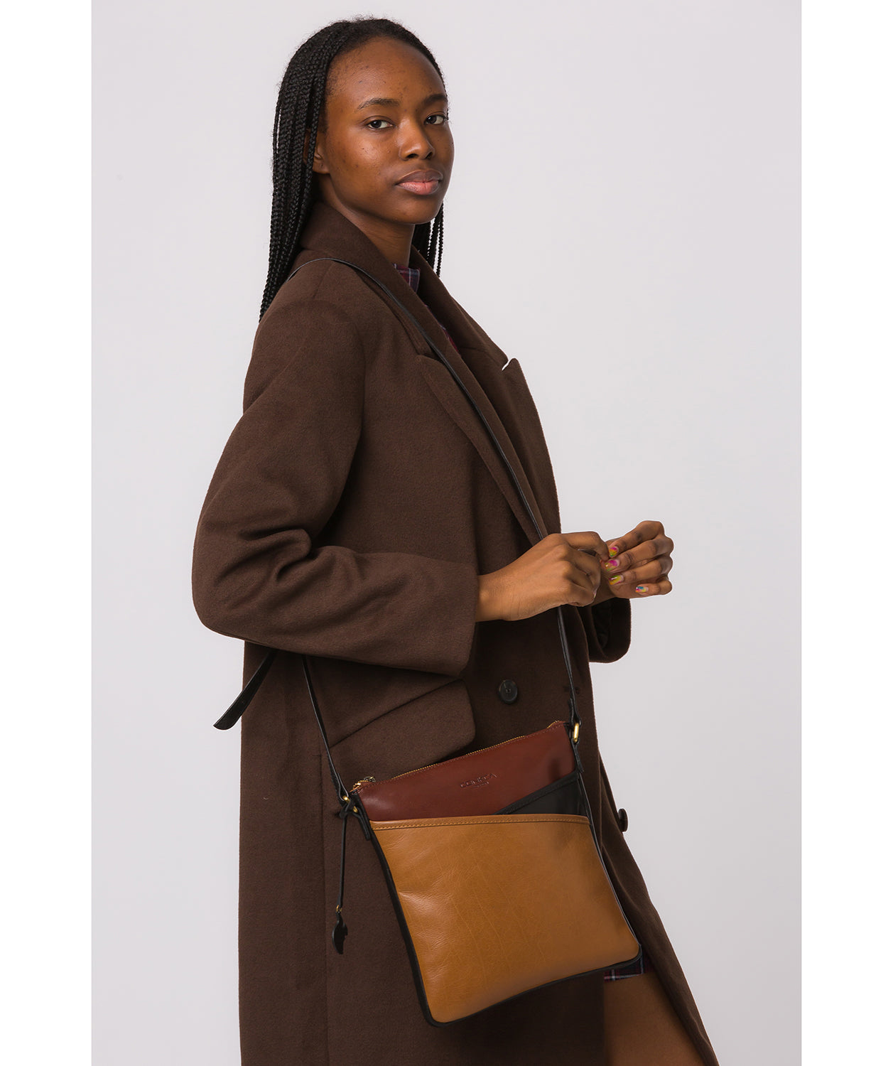 'Avril' Dark Tan, Black & Conker Brown Leather Cross Body Bag