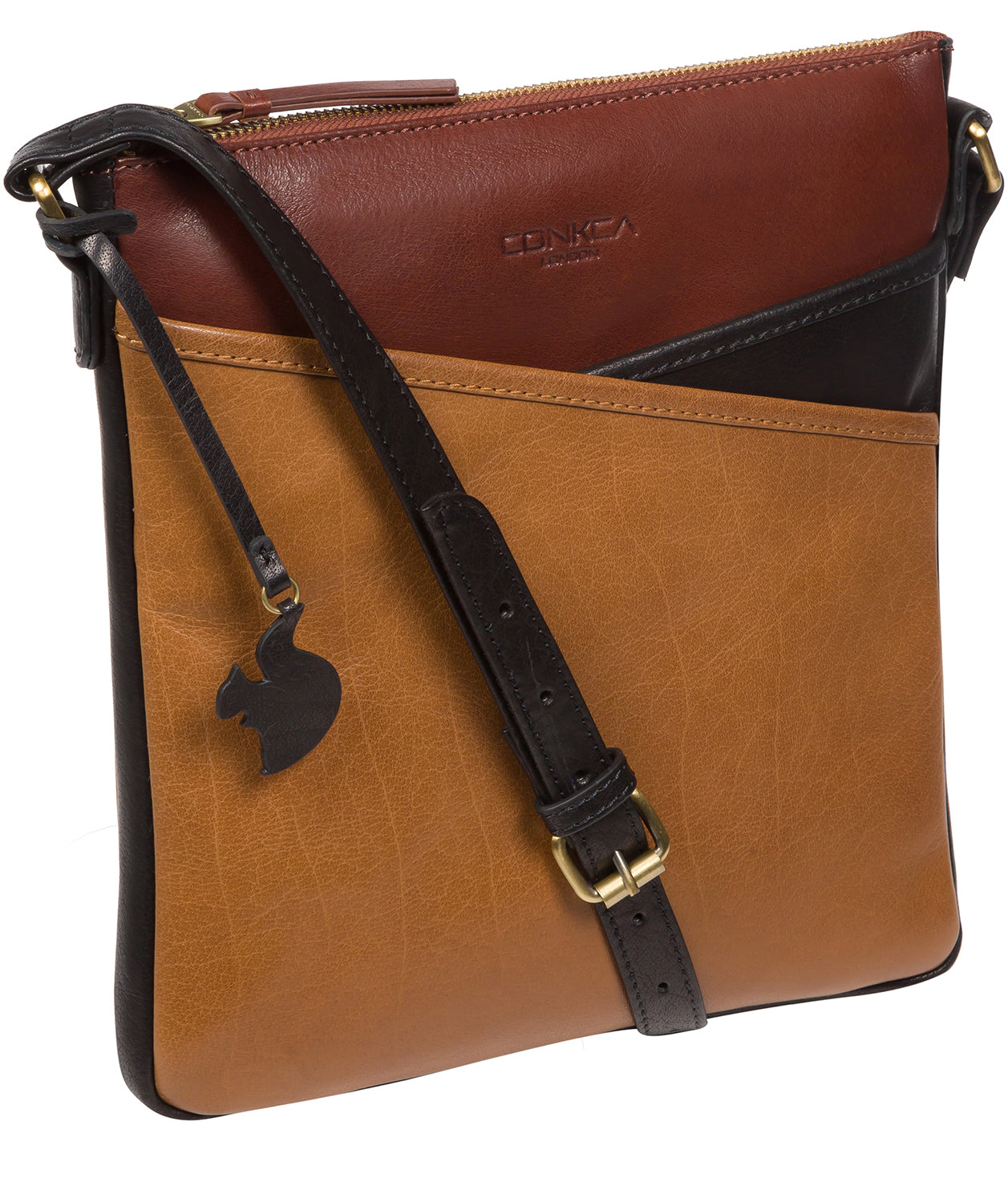 'Avril' Dark Tan, Black & Conker Brown Leather Cross Body Bag