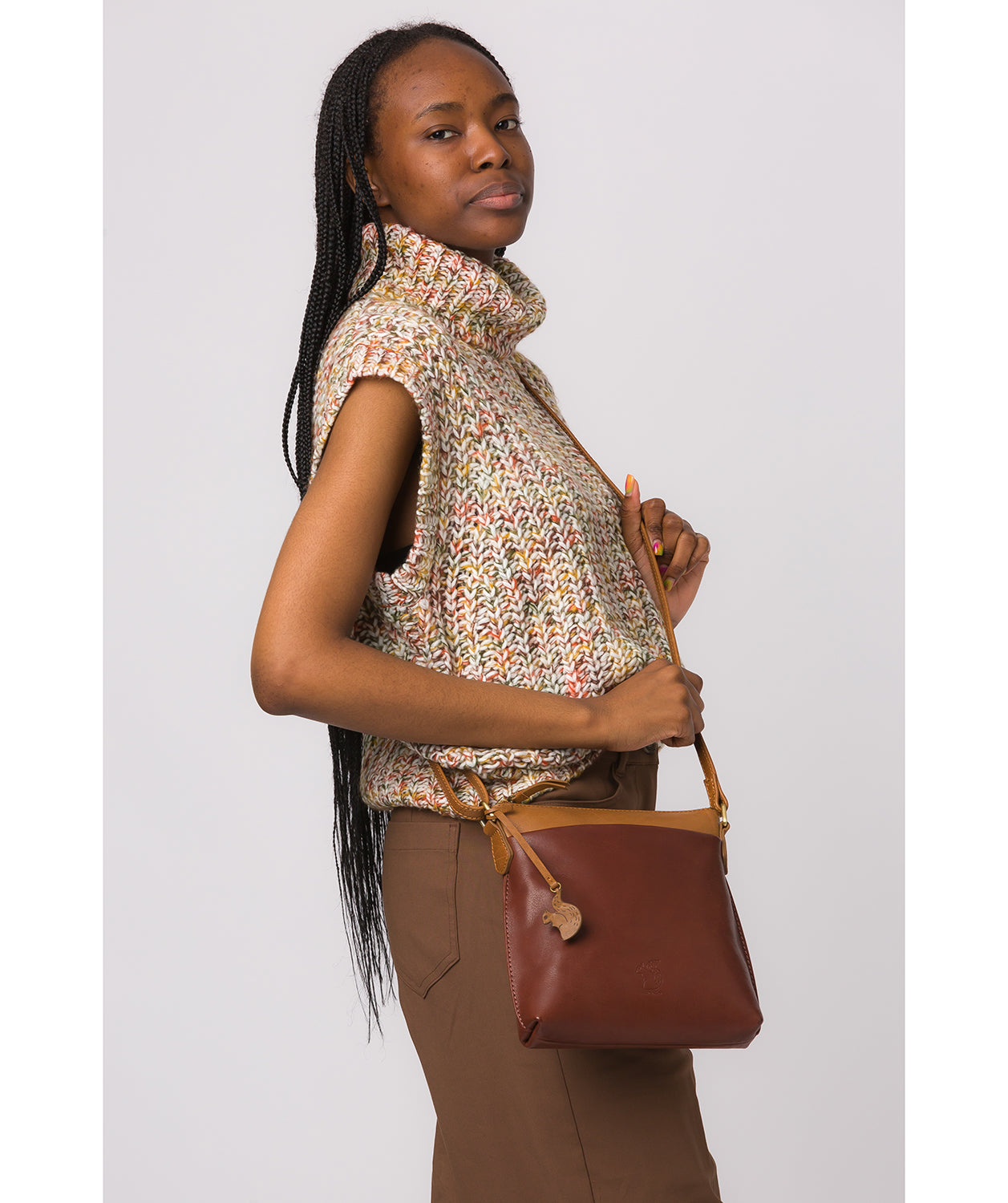 'Nikita' Conker Brown & Dark Tan Leather Cross Body Bag