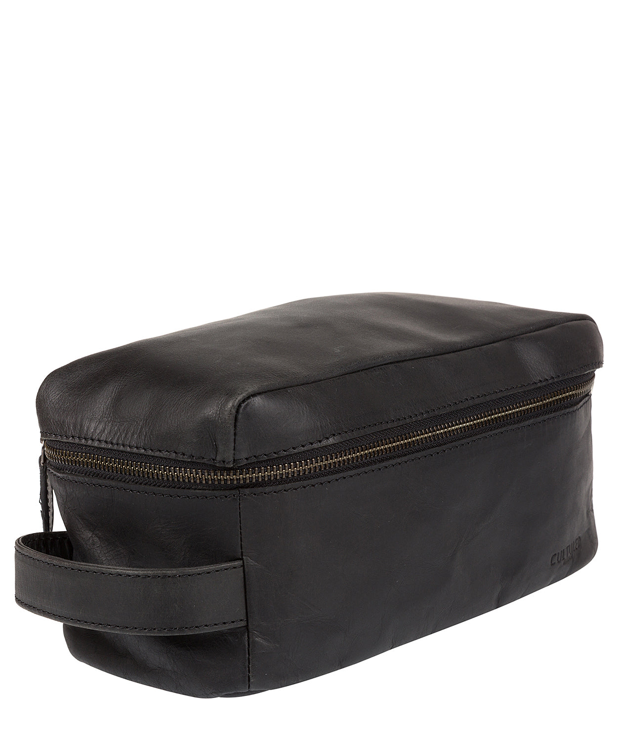 'Flip' Black Natural Leather Wash Bag