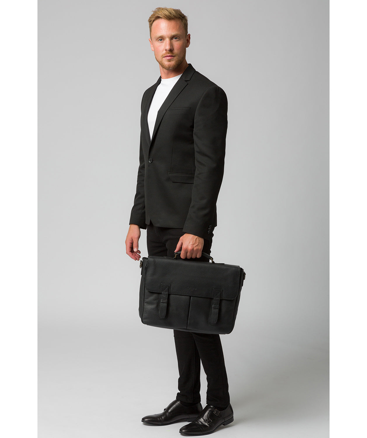 'Task' Black Leather 14-Inch Laptop Briefcase