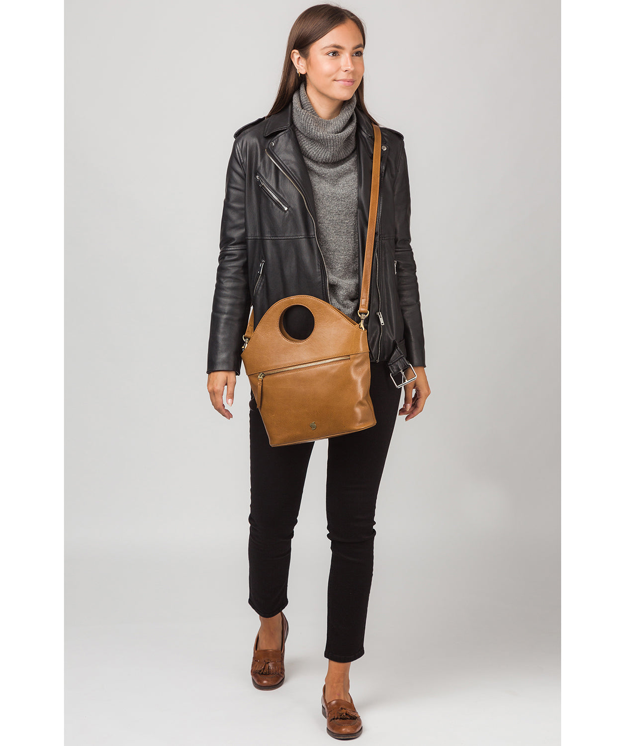 'Halo' Dark Tan Leather Cross Body Bag