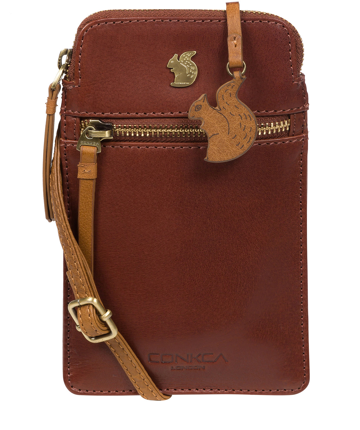 'Bambino' Conker Brown & Dark Tan Leather Cross Body Phone Bag