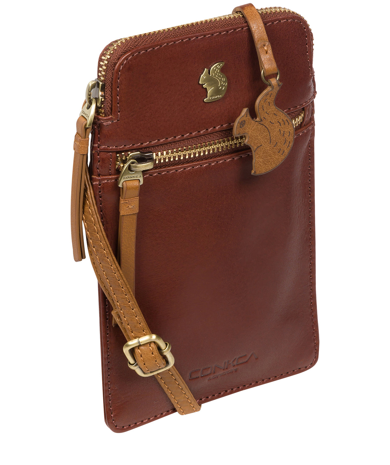 'Bambino' Conker Brown & Dark Tan Leather Cross Body Phone Bag