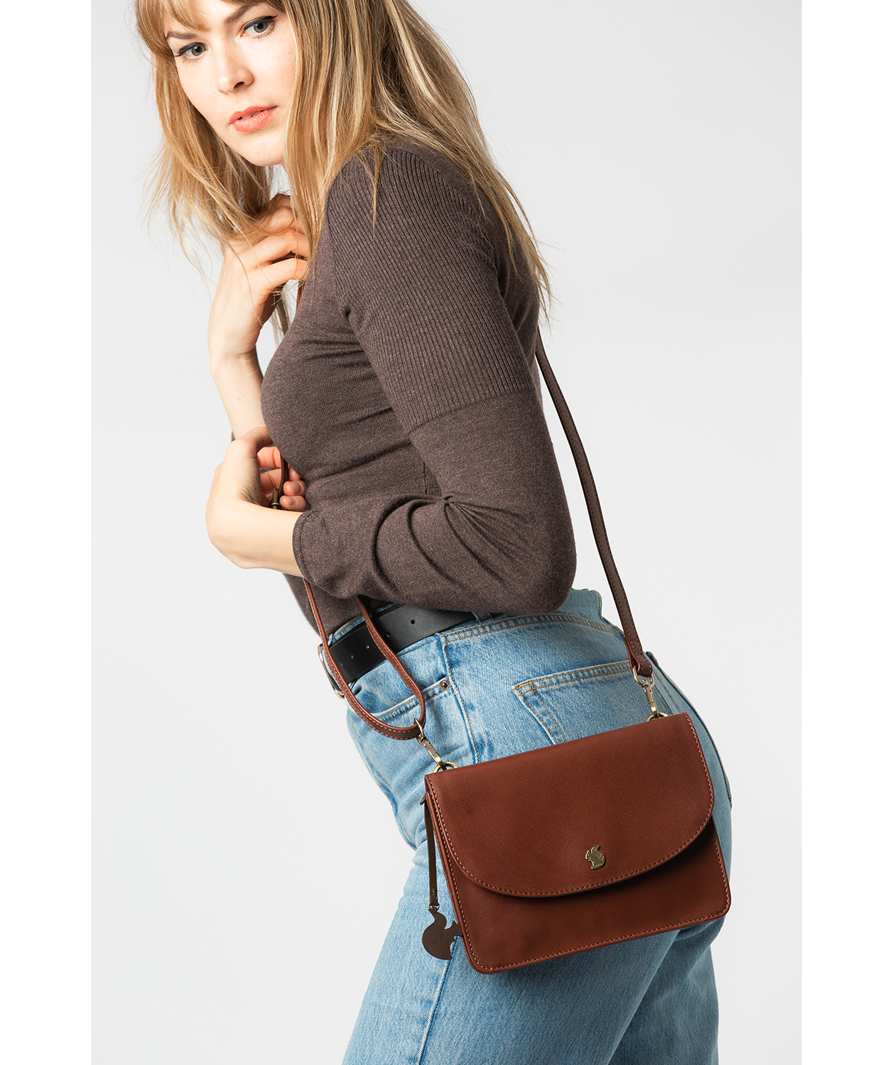 'Cara' Conker Brown Leather Cross Body Clutch Bag