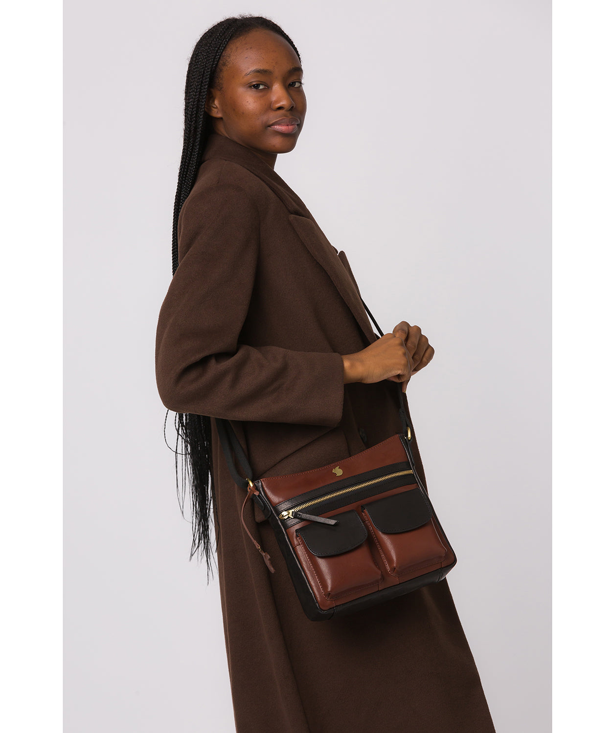 'Baby Bon' Black & Conker Brown Leather Cross Body Bag