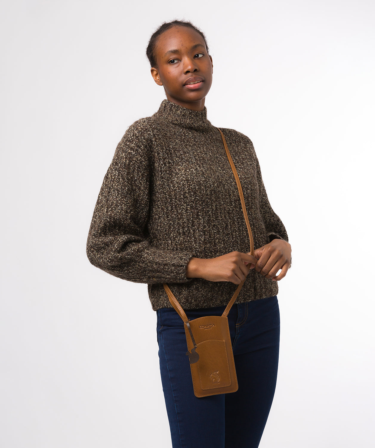 Conkca London Originals Collection #product-type#: 'Siren' Dark Tan Leather Cross Body Phone Bag