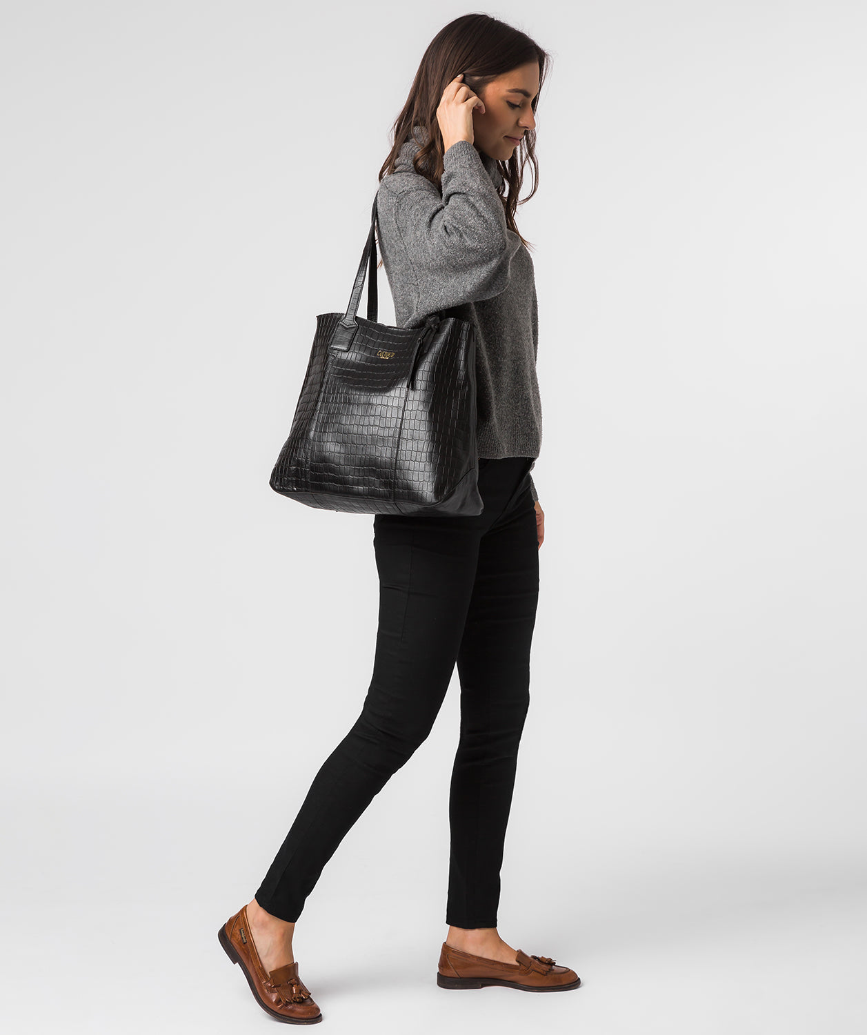 'Kingston' Black Croc Leather Tote Bag