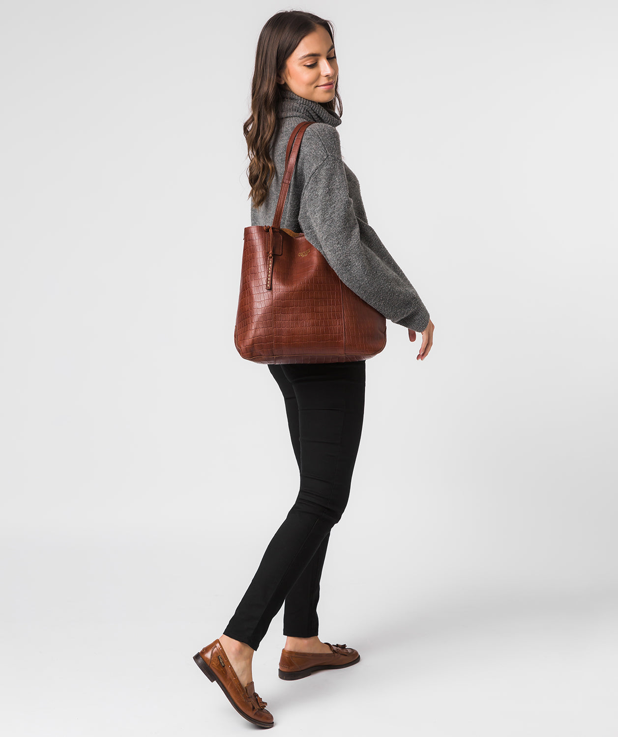 'Kingston' Chestnut Croc Leather Tote Bag