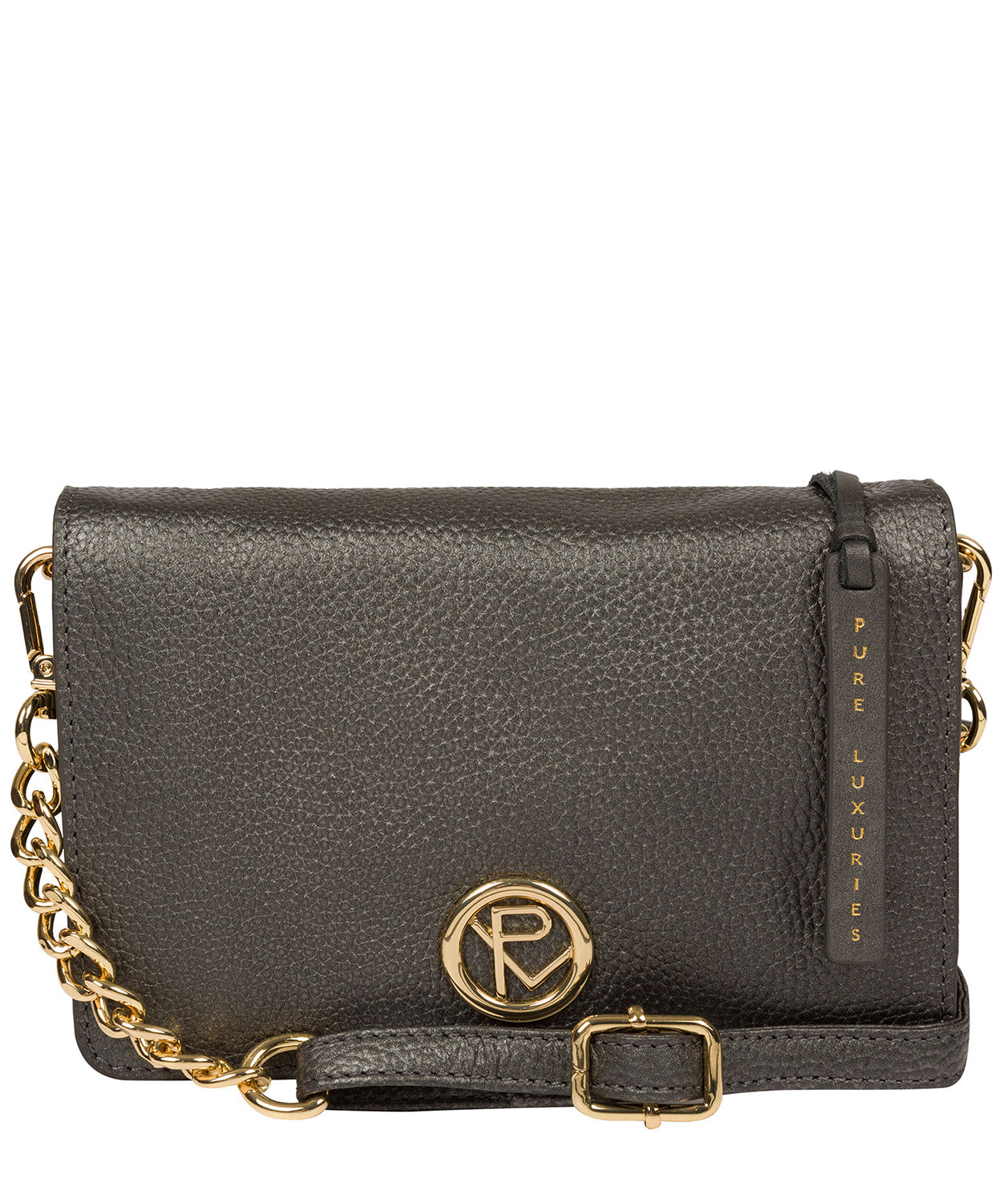 'Esmee' Metallic Dark Silver Leather Cross Body Clutch Bag Pure Luxuries London