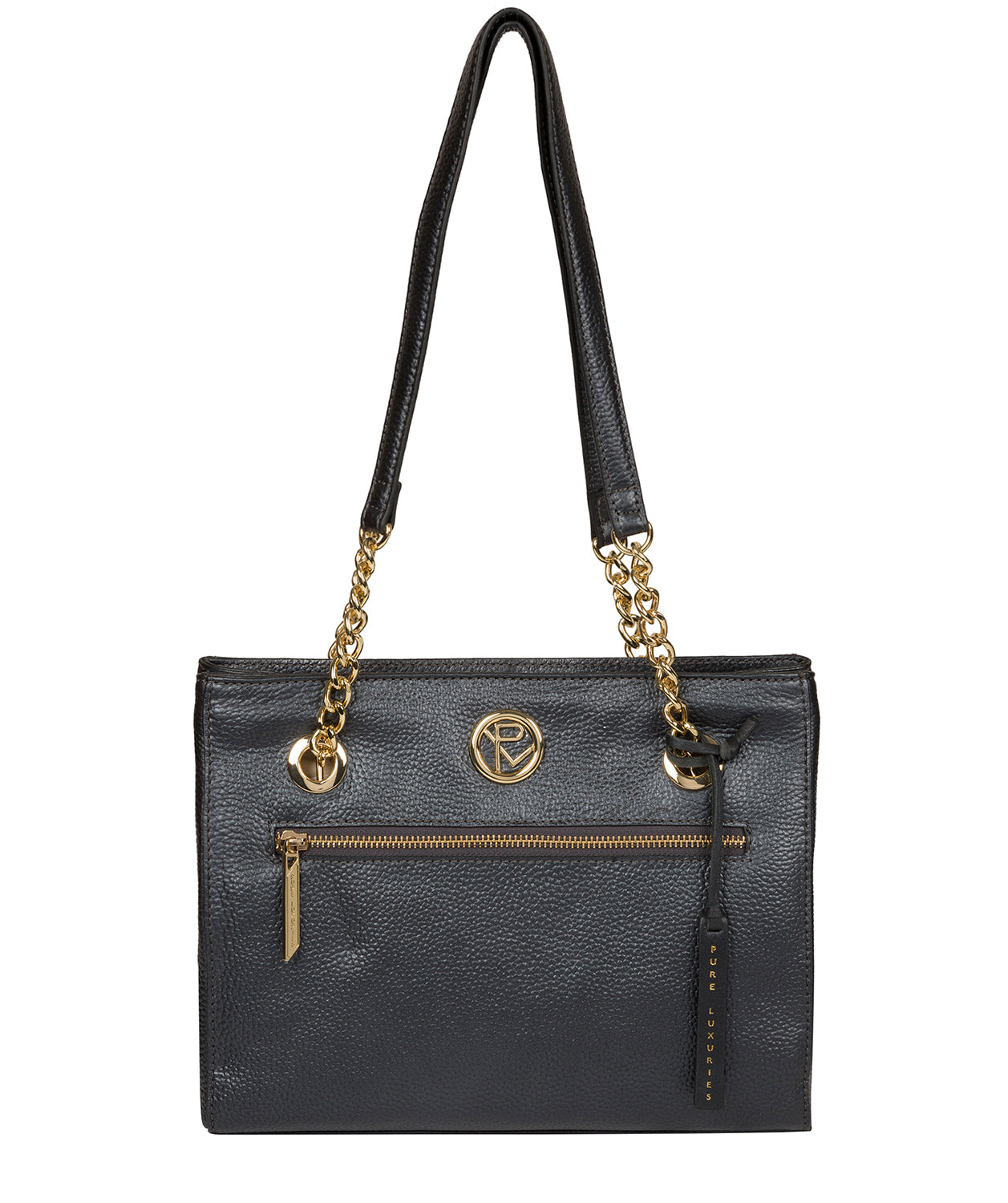 'Nannette' Metallic Blue Steel Leather Shoulder Bag Pure Luxuries London