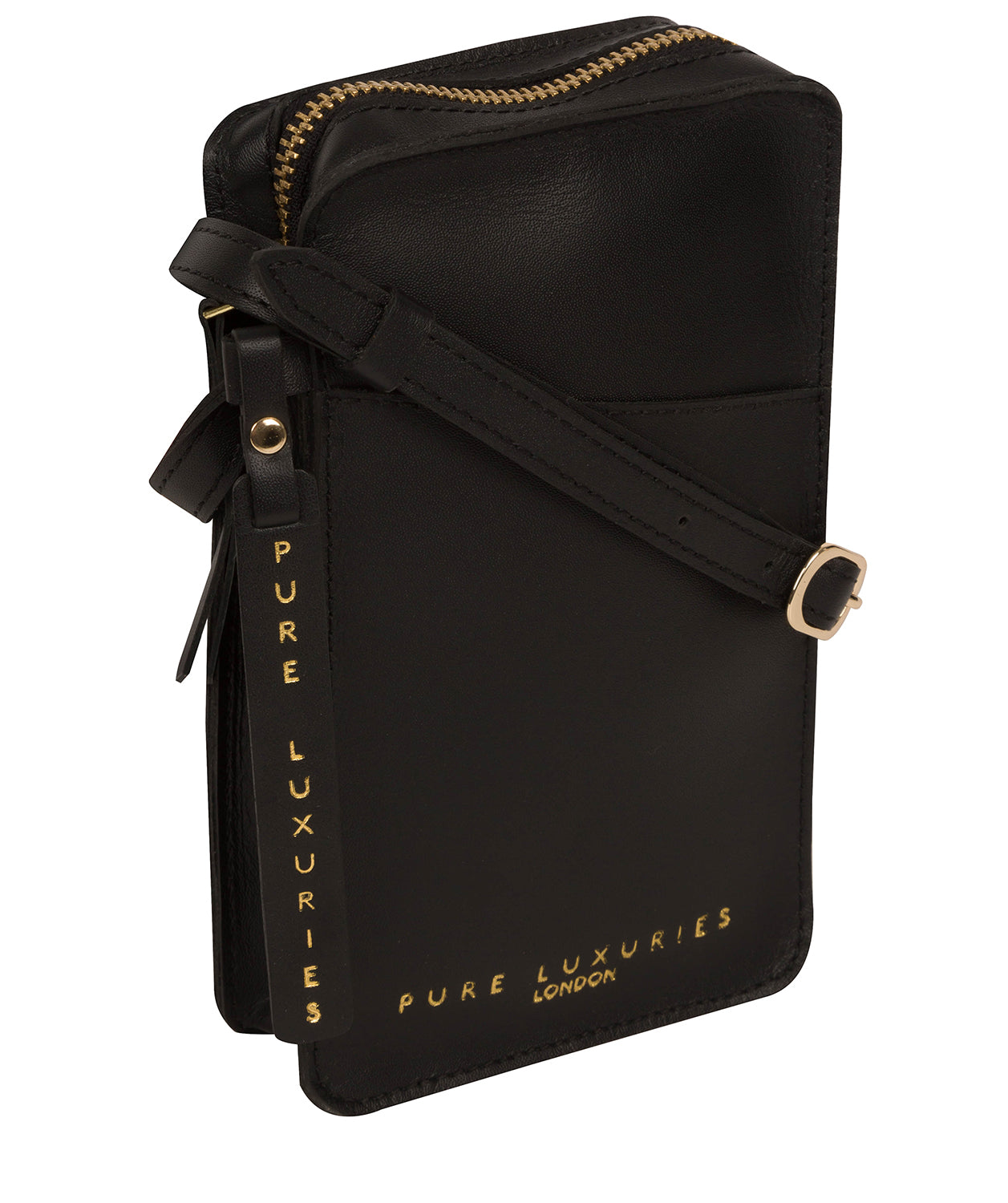 'Cambourne' Jet Black Vegetable-Tanned Leather Phone Bag