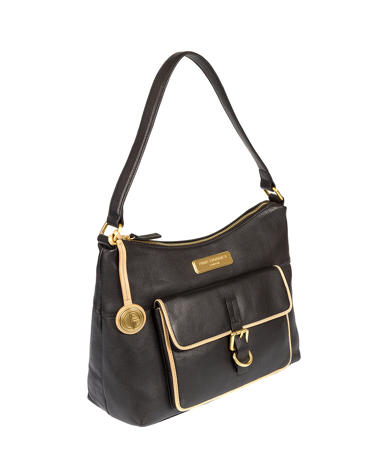 'Cherry' Black & Champagne Trim Leather Shoulder Bag