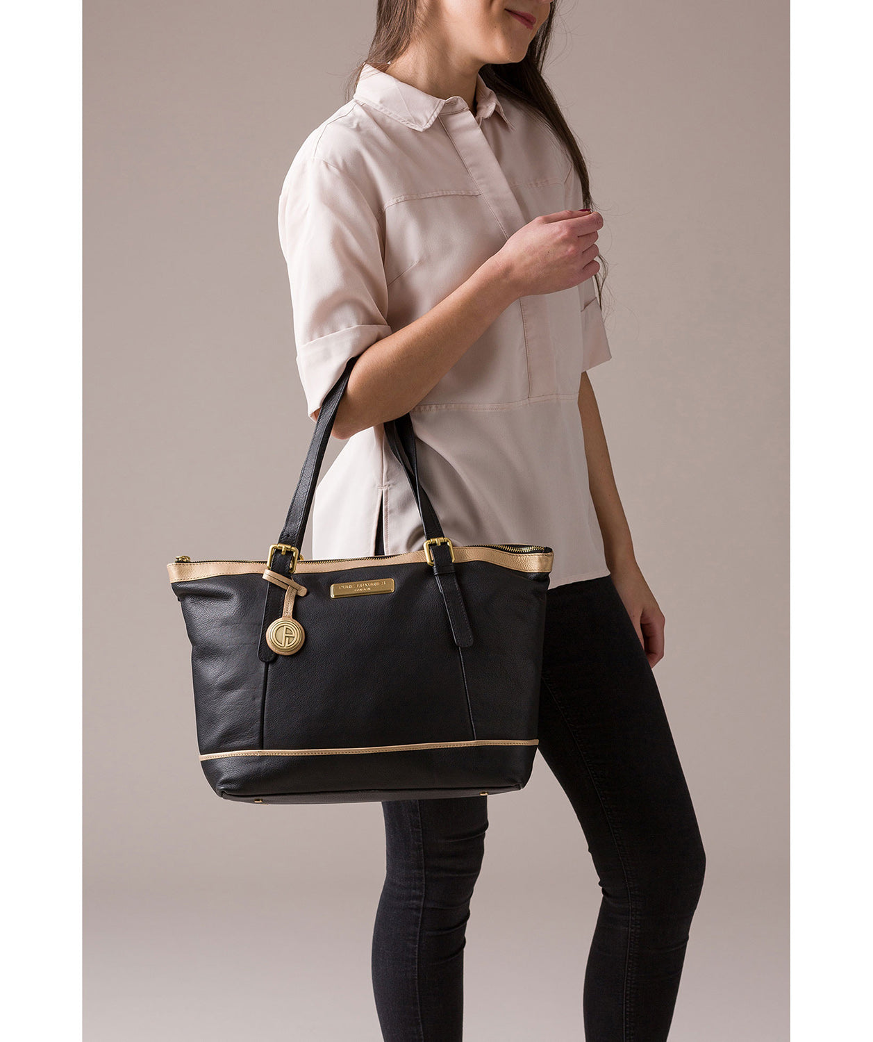 'Blossom' Black & Champagne Trim Leather Bag image 7