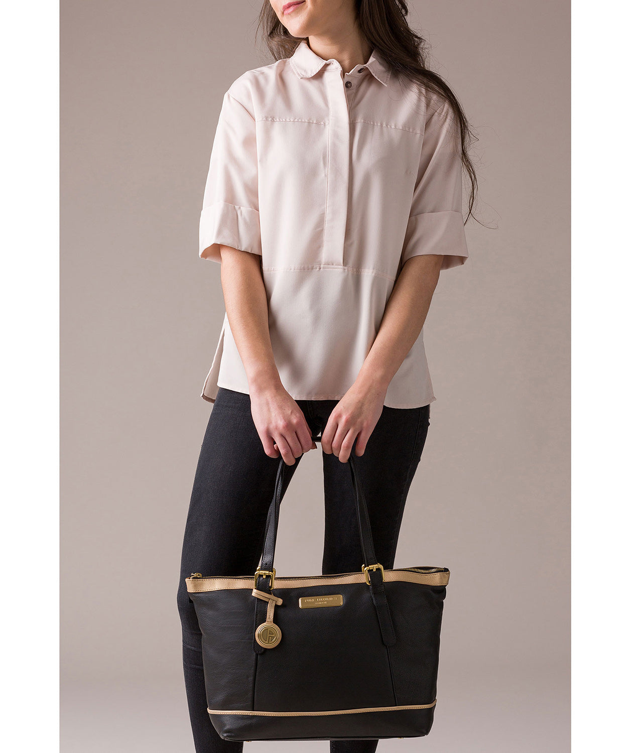 'Blossom' Black & Champagne Trim Leather Bag image 2