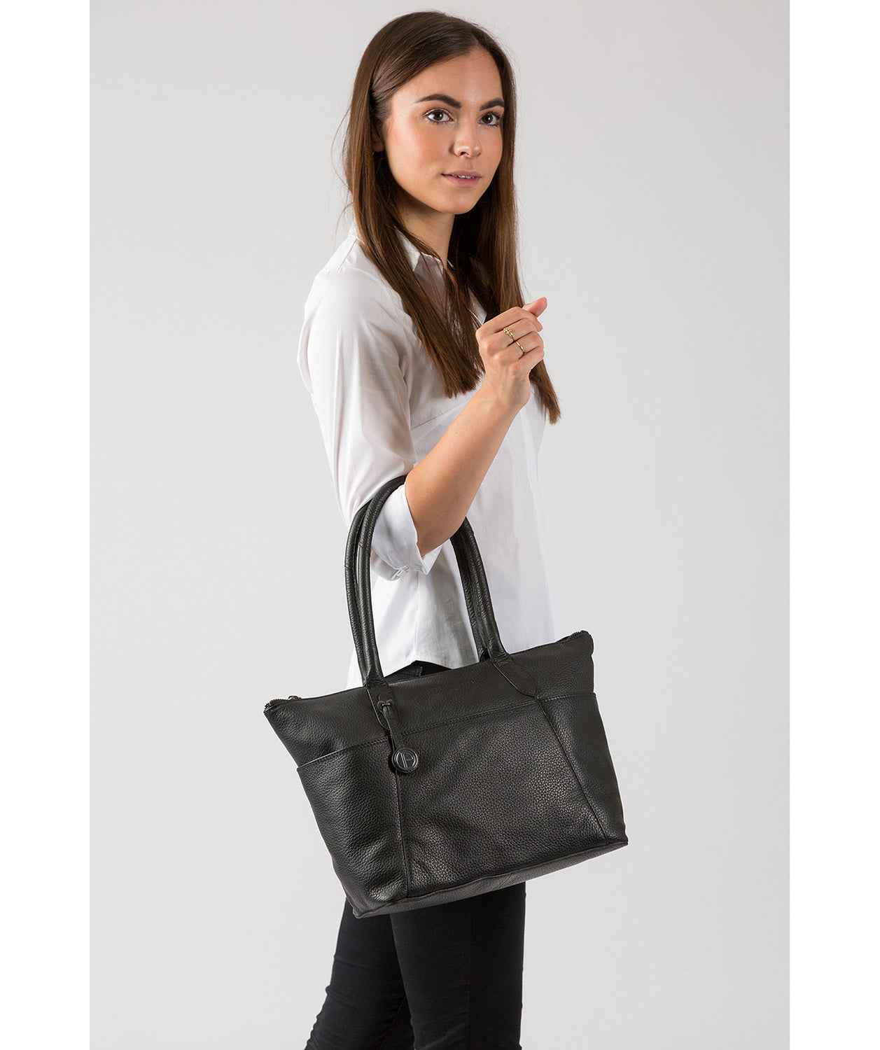 'Eton' Black & Platinum-Coloured Detail Leather Tote Bag