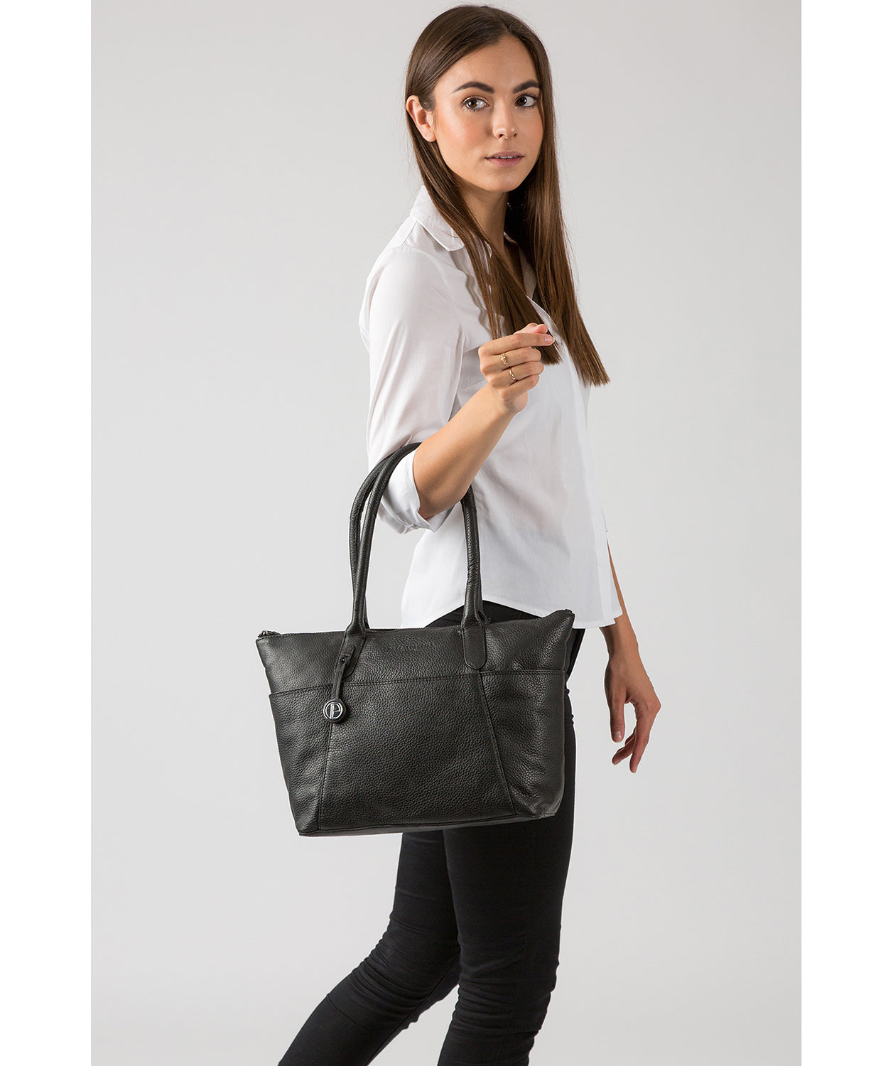 'Eton' Black & Platinum-Coloured Detail Leather Tote Bag