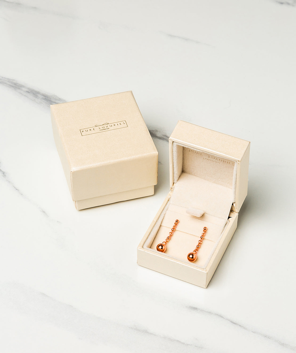 Gift Packaged 'Ottinger' 18ct Rose Gold Plated 925 Silver Ball & Chain Drop Earrings