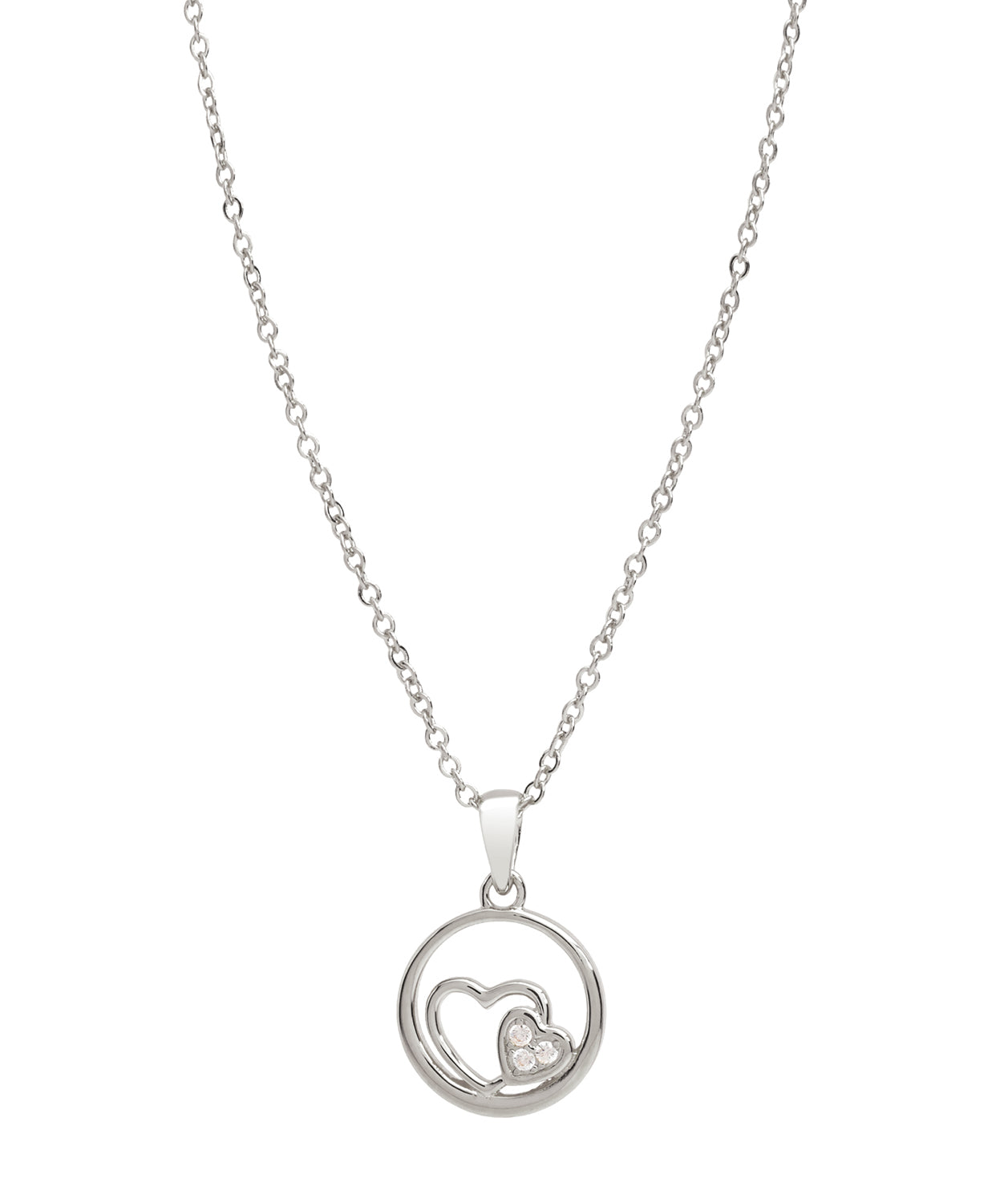 Gift Packaged 'Kubler' Rhodium Plated 925 Silver Heart & Circle Pendant Necklace