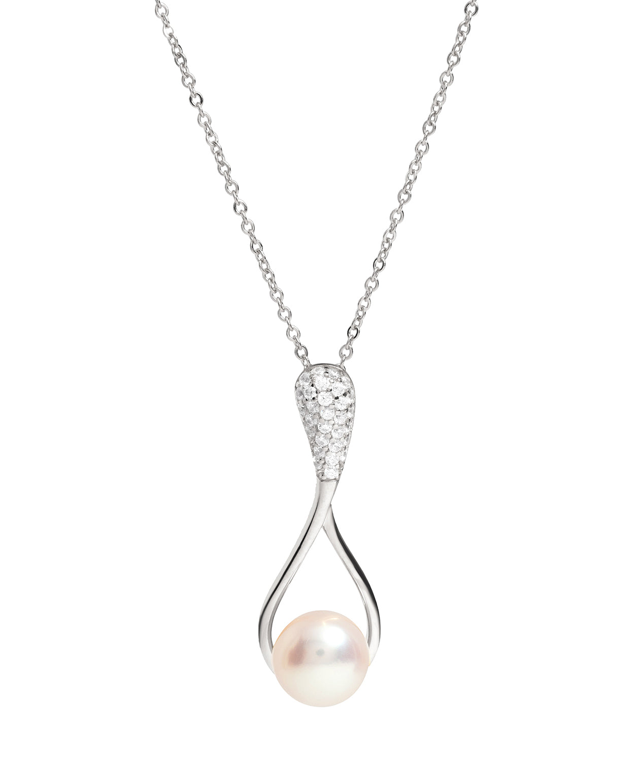 Gift Packaged 'Renou' 925 Silver & Freshwater Pearl with Cubic Zirconia Necklace