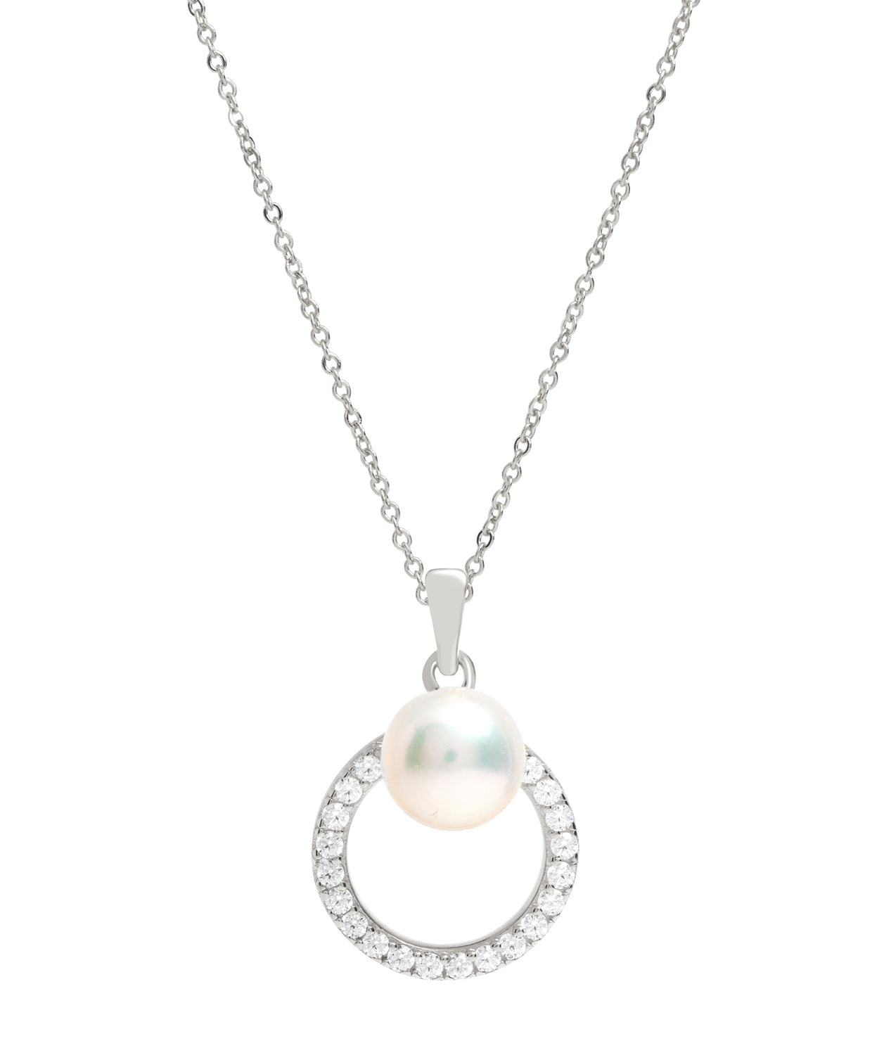 Gift Packaged 'Prados' Rhodium Plated 925 Silver Cubic Zirconia Circle & Freshwater Pearl Necklace