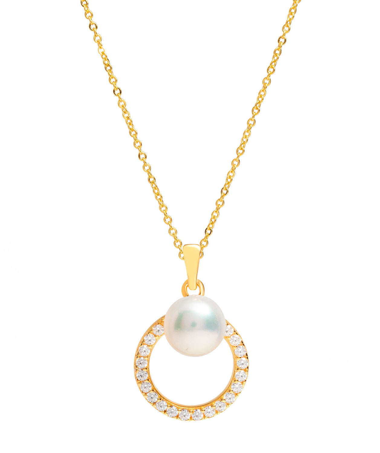 Gift Packaged 'Prados' 18ct Yellow Gold Plated 925 Silver Cubic Zirconia Circle & Freshwater Pearl Necklace