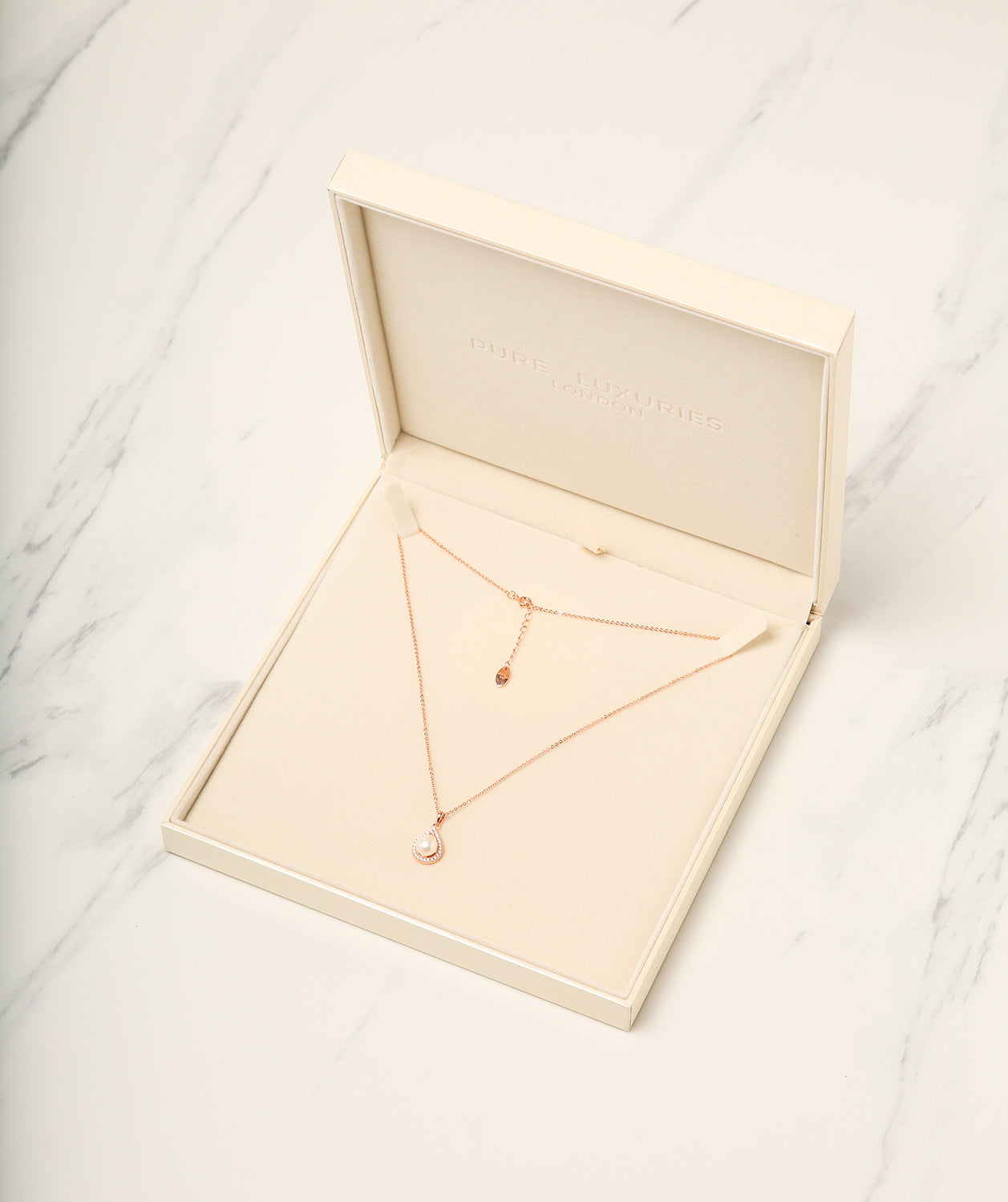 Gift Packaged 'Montserrat' 18ct Rose Gold Plated 925 Silver Cubic Zirconia & Pearl Teardrop Pendant Necklace