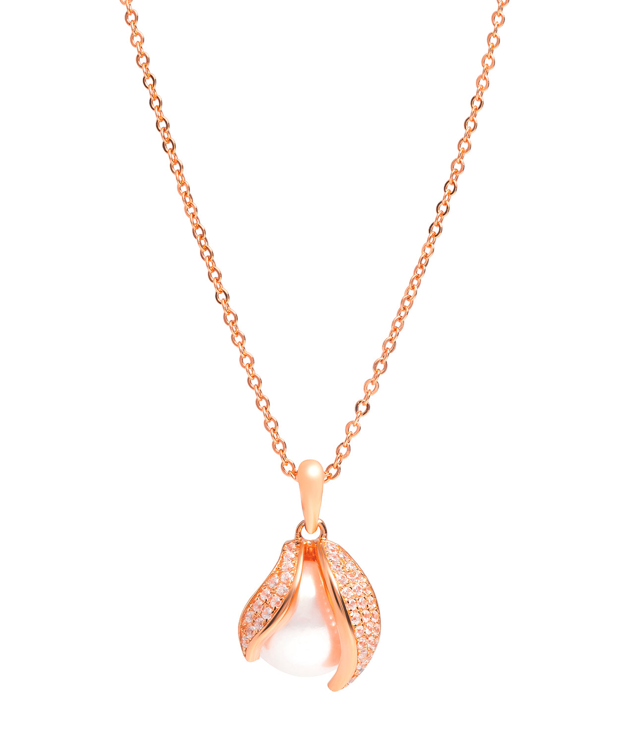 Gift Packaged 'Romero' 18ct Rose Gold Plated 925 Silver Cubic Zirconia Swirl & Freshwater Pearl Pendant Necklace