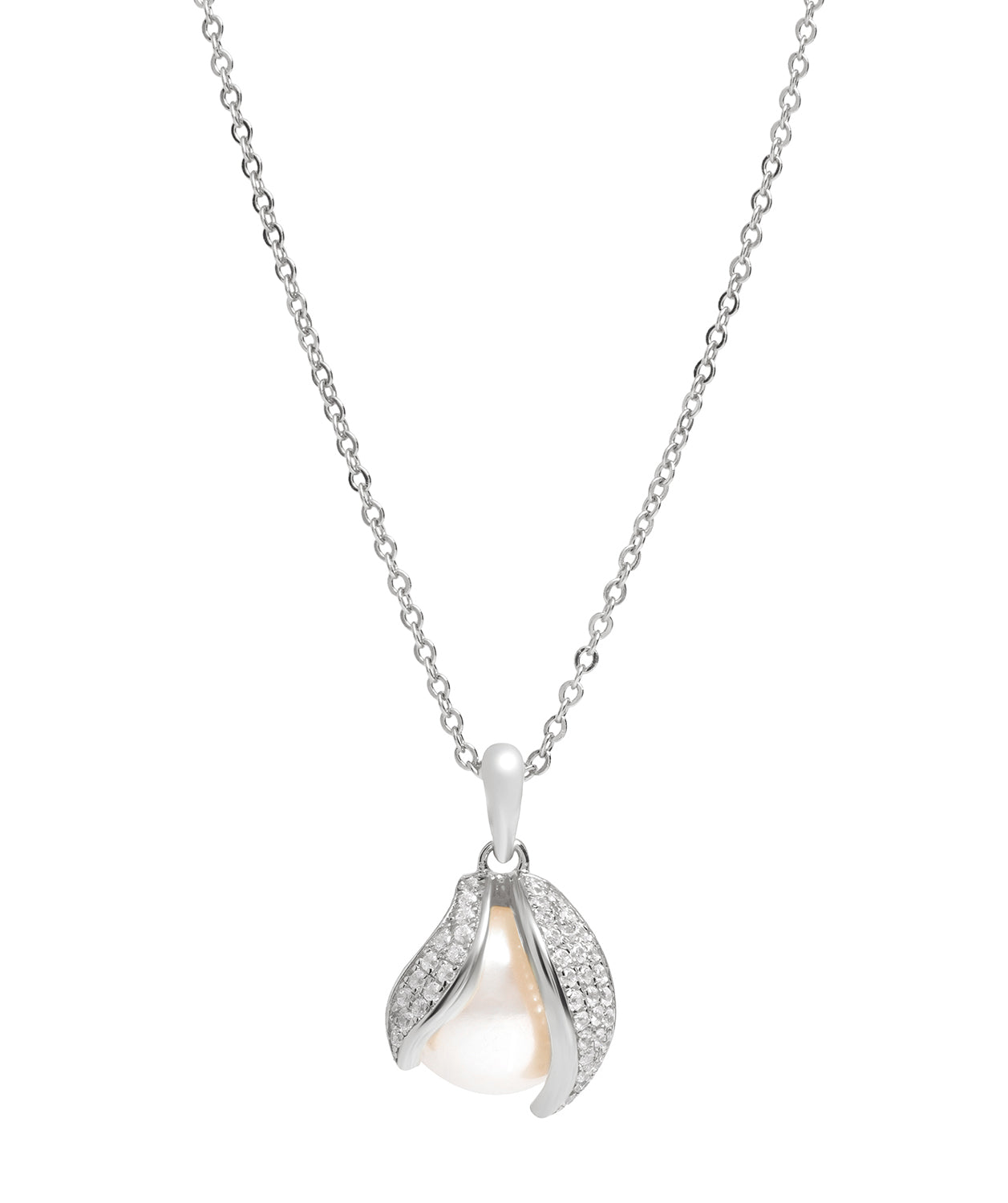 Gift Packaged 'Romero' Rhodium Plated 925 Silver Cubic Zirconia Swirl & Freshwater Pearl Pendant Necklace