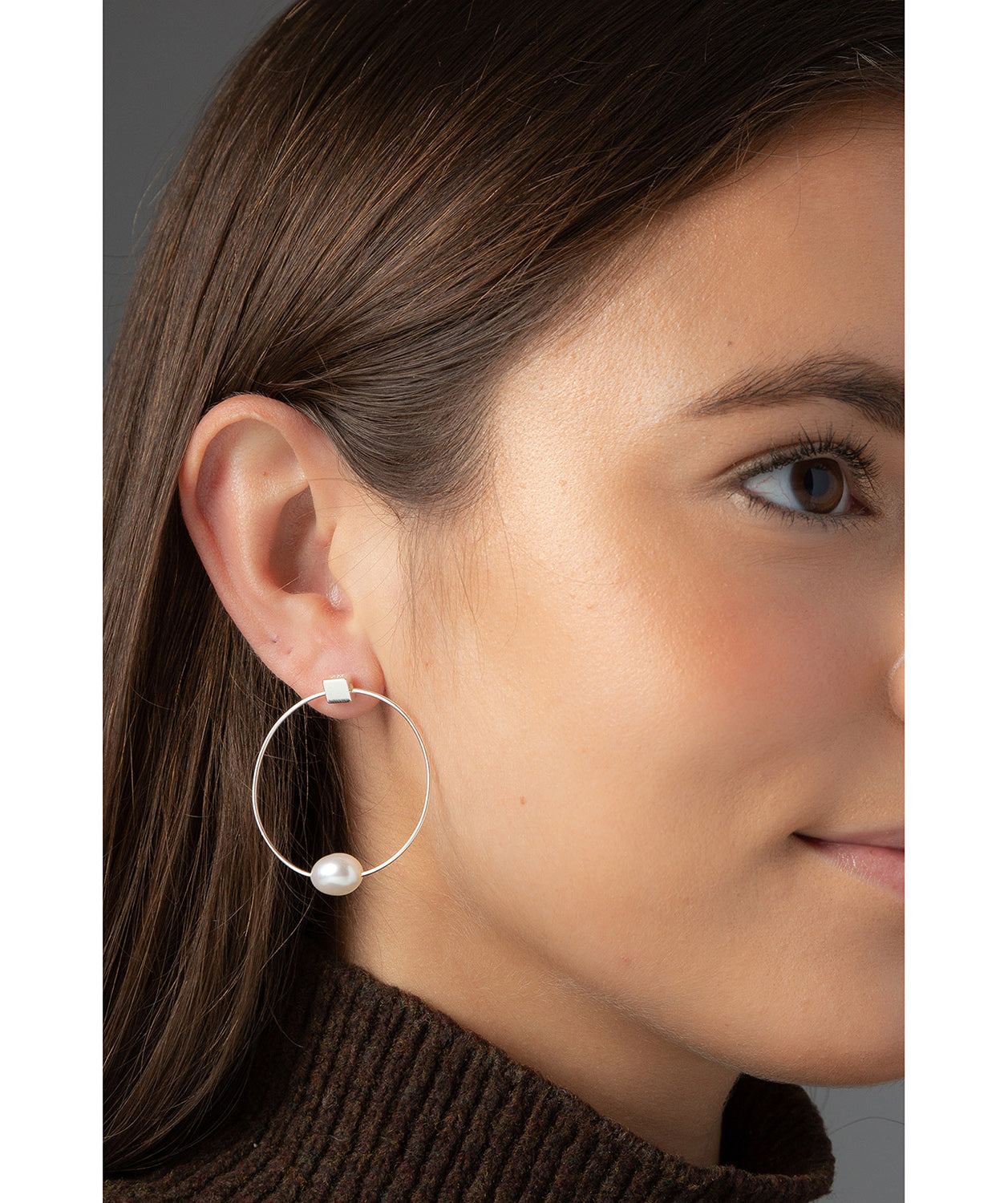 'Vichy' Sterling Silver with Pearl Hoop Stud Earrings image 2