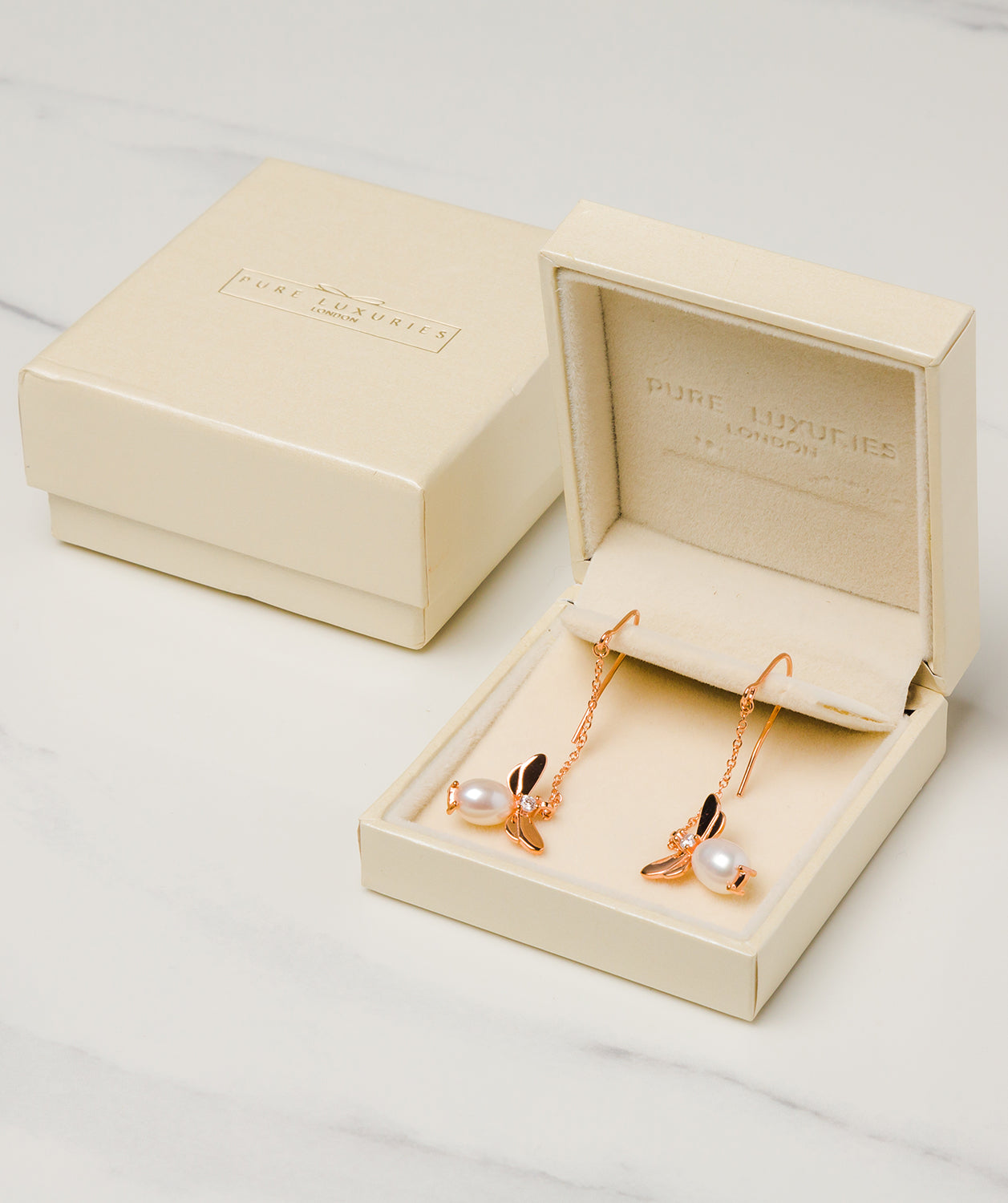 Gift Packaged 'Neith' 18ct Rose Gold Plated Sterling Silver Pearl Bee Earrings