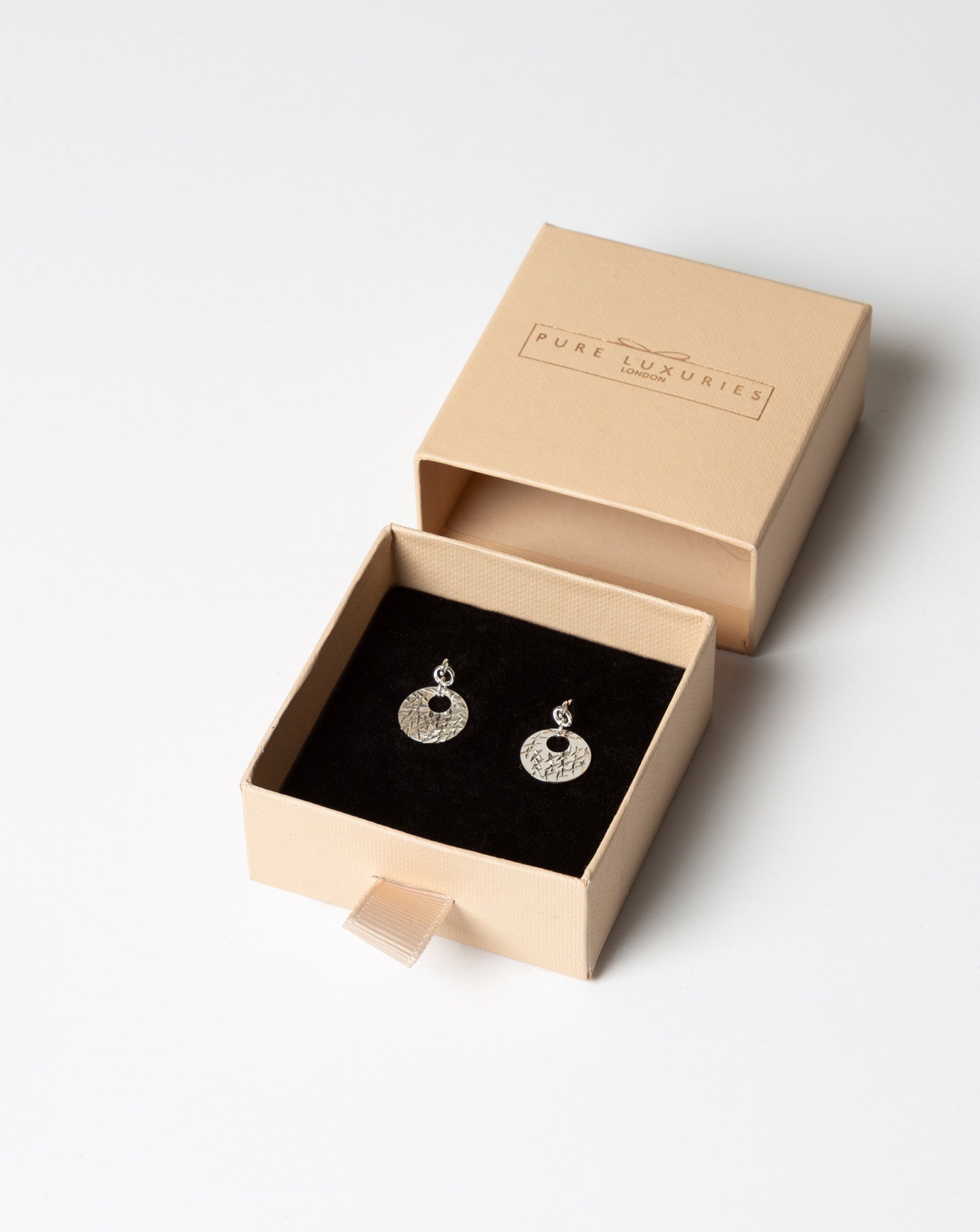 Gift Packaged 'Polyhynia' Sterling Silver Diamond Cut Flat Disc Drop Earrings