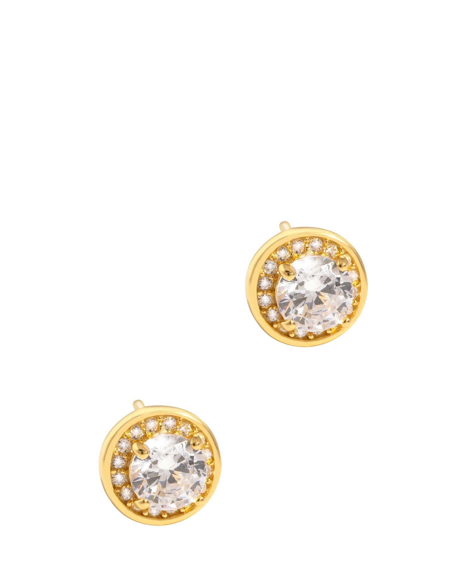 Gift Packaged 'Eos' Yellow Gold Plated Sterling Silver with Round Halo Cubic Zirconia Stud Earrings